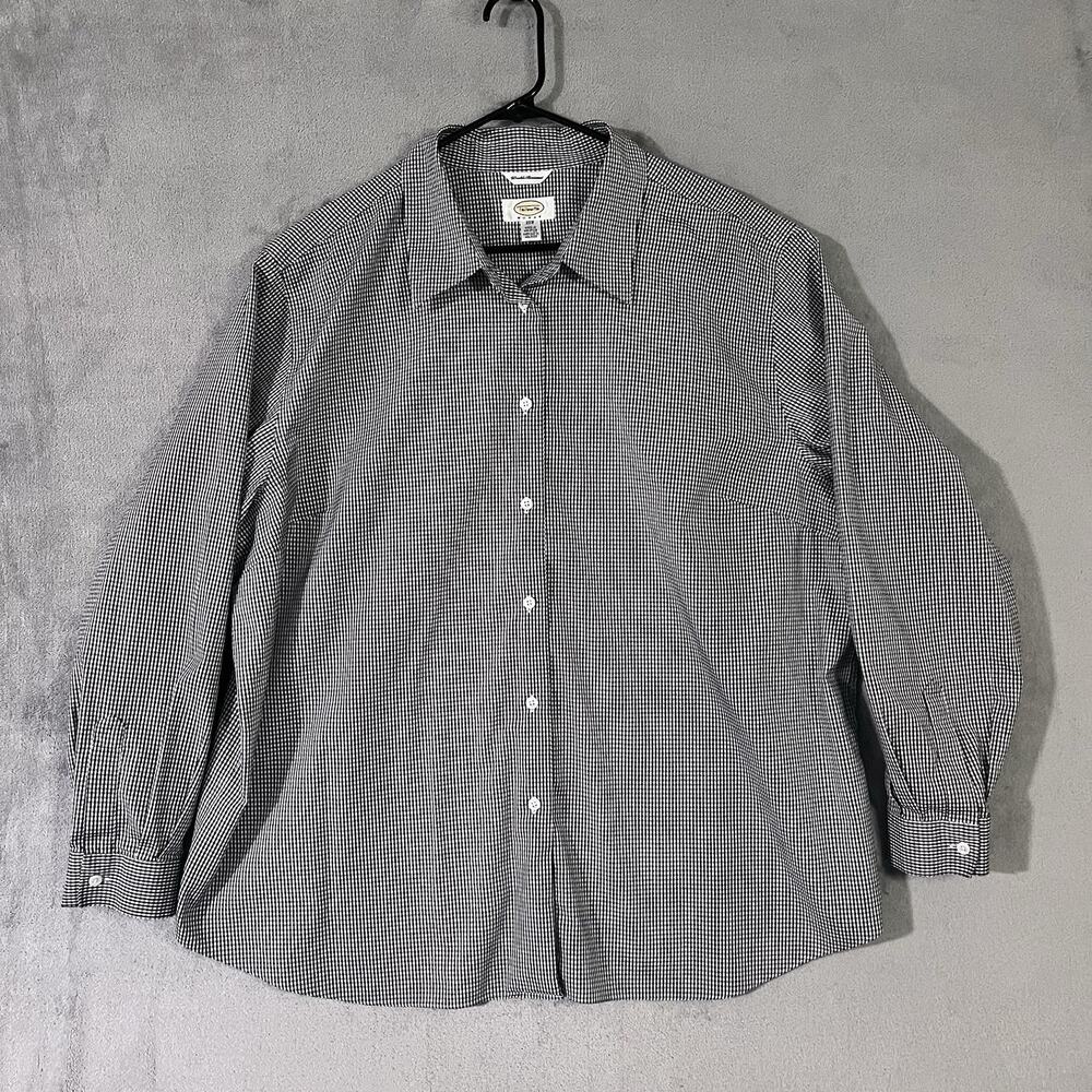 Talbots Woman Button Up Shirt Black White Gingham check Plus Sz 22W Long Sleeve